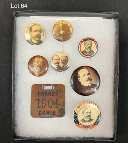 A Lot of 7, 1904 Alton B Parker Campaign Pins and Key Fob