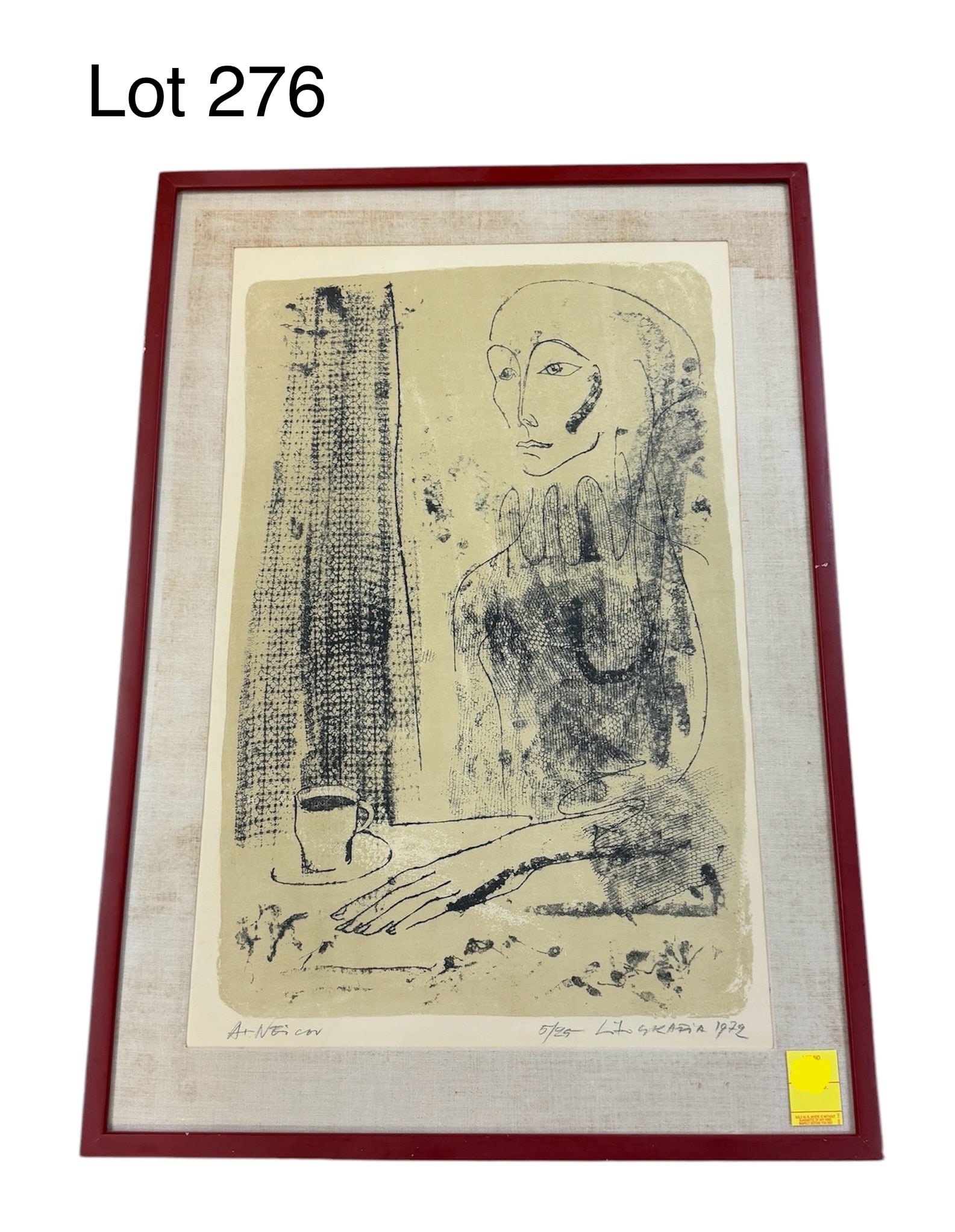 Signed Abstract Print by Atanas Neicov (1924-2003): A signed limited edition print by Bulgarian artist Atanas Neicov (1924-2003) showing an abstract linework rendition of a figure sitting at a table. Signed, titled, and numbered #5/25 along the bottom