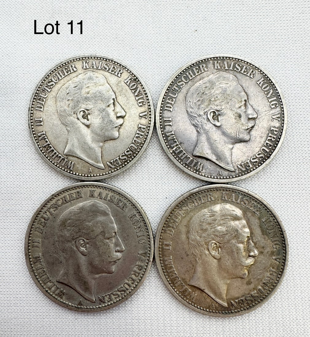 A Lot of 4 Zwei (2) Marks Deutsches Reich Silver Coins: Four Zwei (2) Marks coins, 1904-A, two 1903-A, 1902-A. 90 % silver.