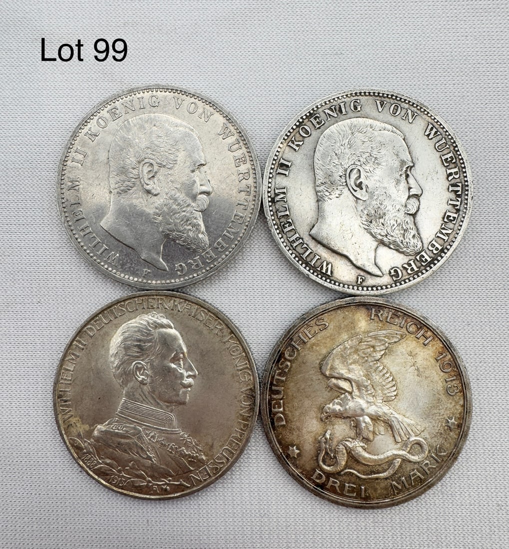 A Lot of 4 Drei (3) Marks Deutsches Reich Silver Coins: Four Drei (3) Marks coins, 1913, two 1910-F, 1913-A. 90% silver.