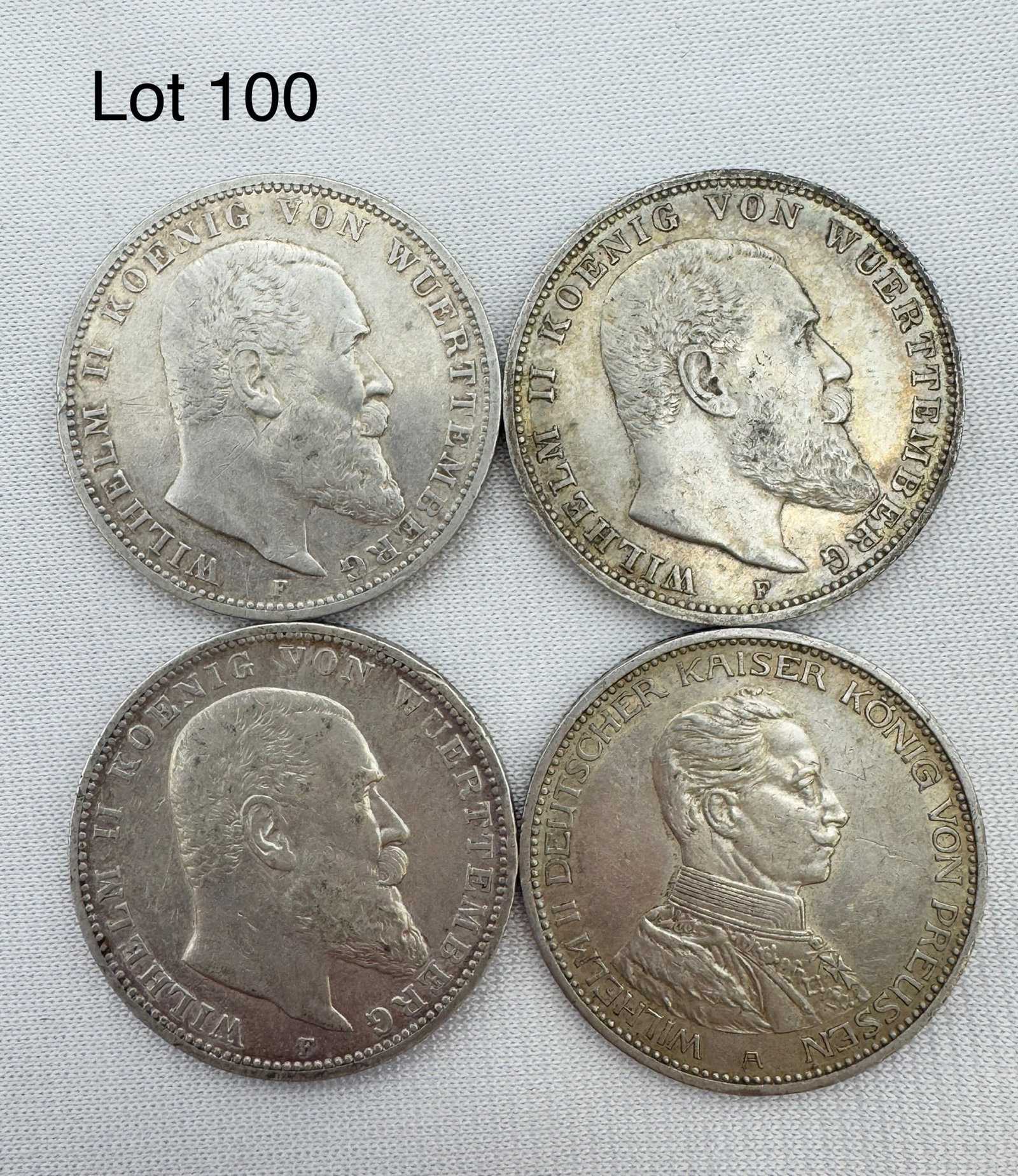 A Lot of 4 Drei (3) Marks Deutsches Reich Silver Coins: Four Drei (3) Marks coins, 1909-A, 1910-F, 1909-F, 1914-A. 90 % silver.