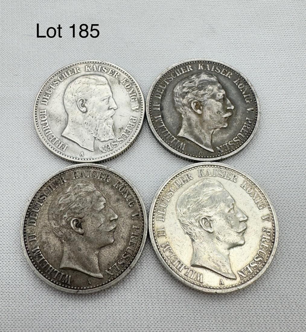 A Lot of 4 Zwei (2) Marks Deutsches Reich Silver Coins: Four Zwei (2) Marks coins, 1888-A, 1907-A, 1906-A, 1905-A. 90 % silver.
