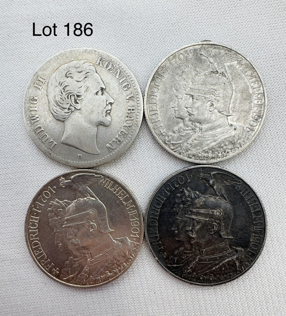 A Lot of 4 Zwei (2) Marks Deutsches Reich Silver Coins: Four Zwei (2) Marks coins, 1876-D, three 1901. 90 % silver.