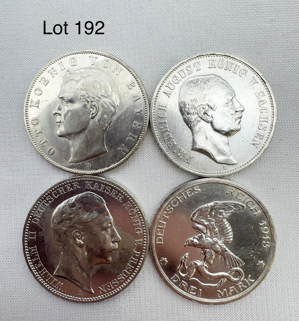 A Lot of 4 Drei (3) Marks Deutsches Reich Silver Coins: A lot of 4 XF Drei (3) Marks coins, 1912-A, 1909-D, 1913, 1909-E. 90 % silver.