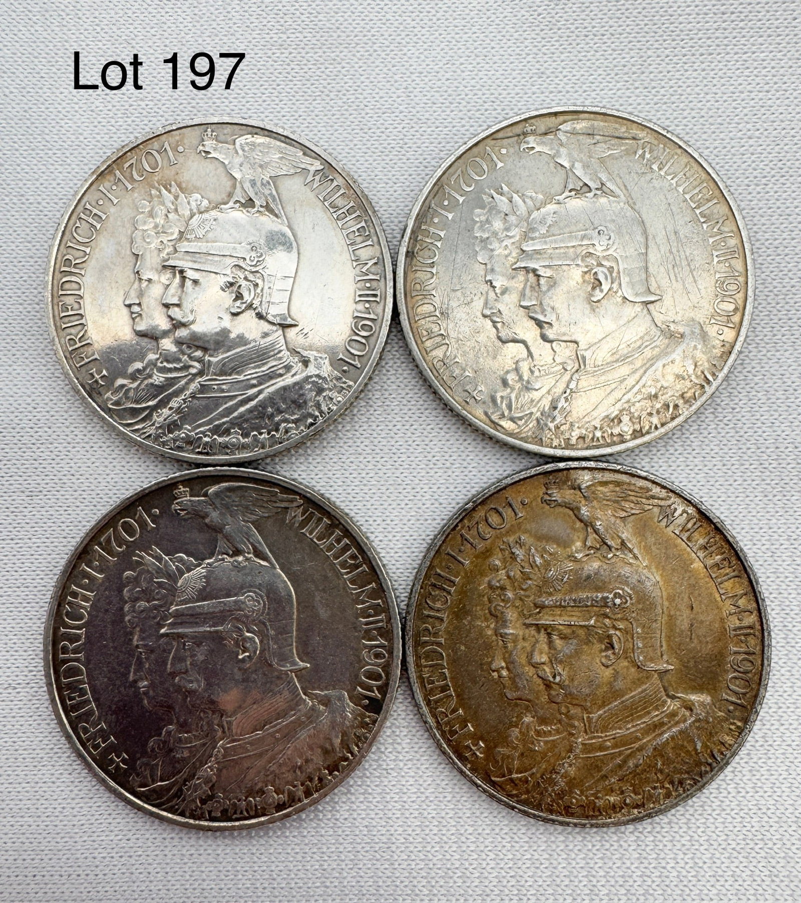 A Lot of 4 Zwei (2) Marks Deutsches Reich Silver Coins: Four Zwei (2) Marks coins, four 1901. 90 % silver.