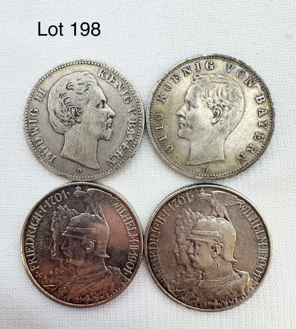 A Lot of 4 Zwei (2) Marks Deutsches Reich Silver Coins: Four Zwei (2) Marks coins, two 1901, 1905-D, 1876-D. 90 % silver.
