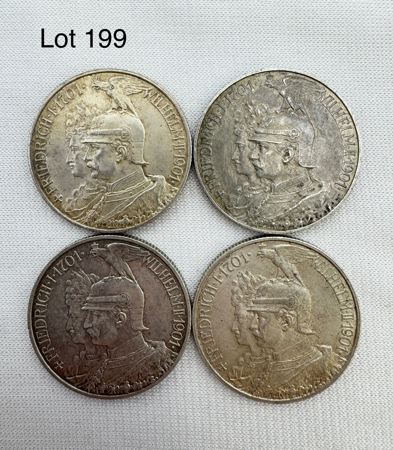 A Lot of 4 Zwei (2) Marks Deutsches Reich Silver Coins: Four Zwei (2) Marks coins, four 1901. 90 % silver