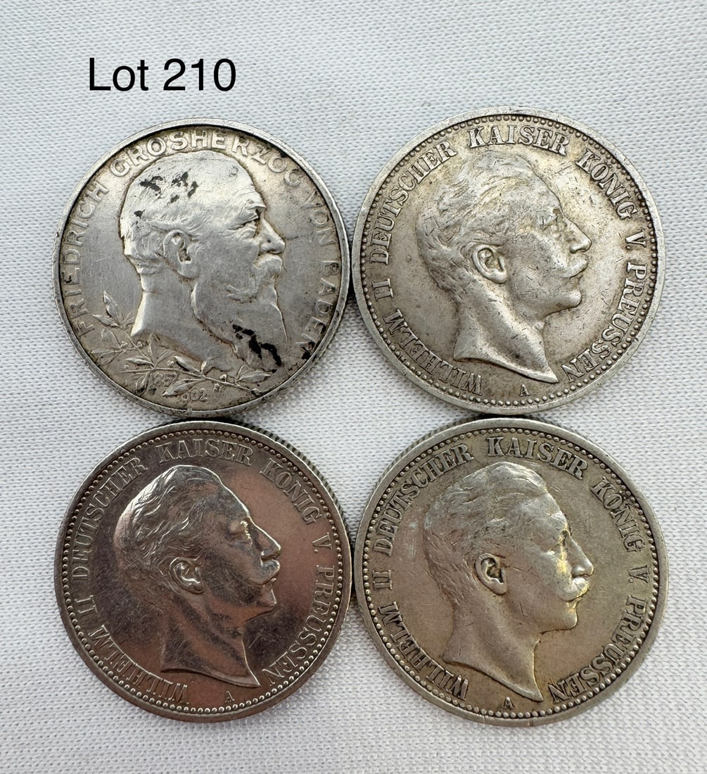 A Lot of 4 Zwei (2) Marks Deutsches Reich Silver Coins: Four Zwei (2) Marks coins, 1905-A, 1906-A, 1907-A, 1902. 90 % silver.