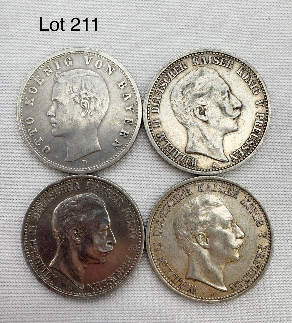 A Lot of 4 Zwei (2) Marks Deutsches Reich Silver Coins: Four Zwei (2) Marks coins, 1900-D, 1906-A, 1905-A, 1911-A. 90 % silver.