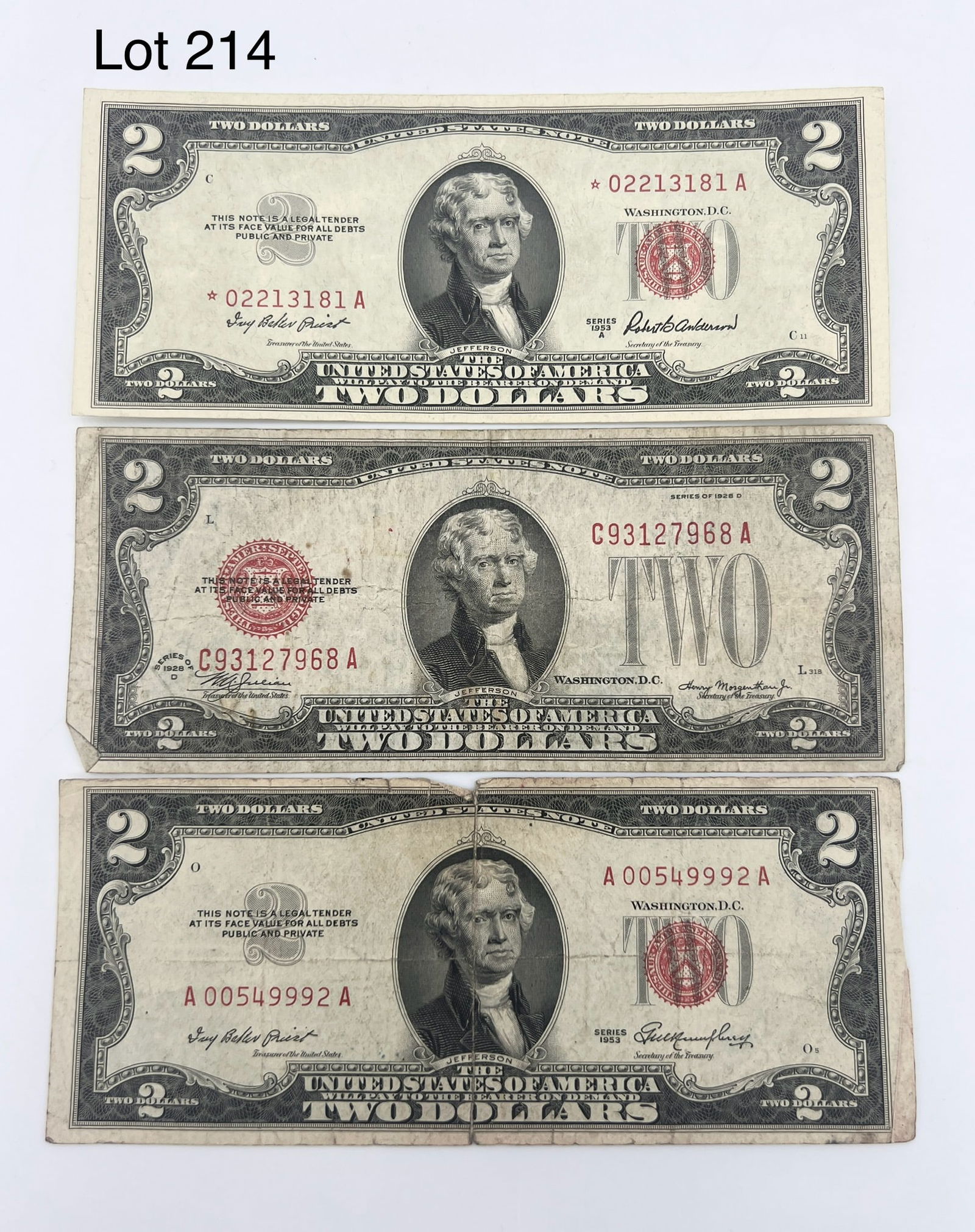 Trio of $2 Red Seal Bills w/ Star Note (1 of 2)