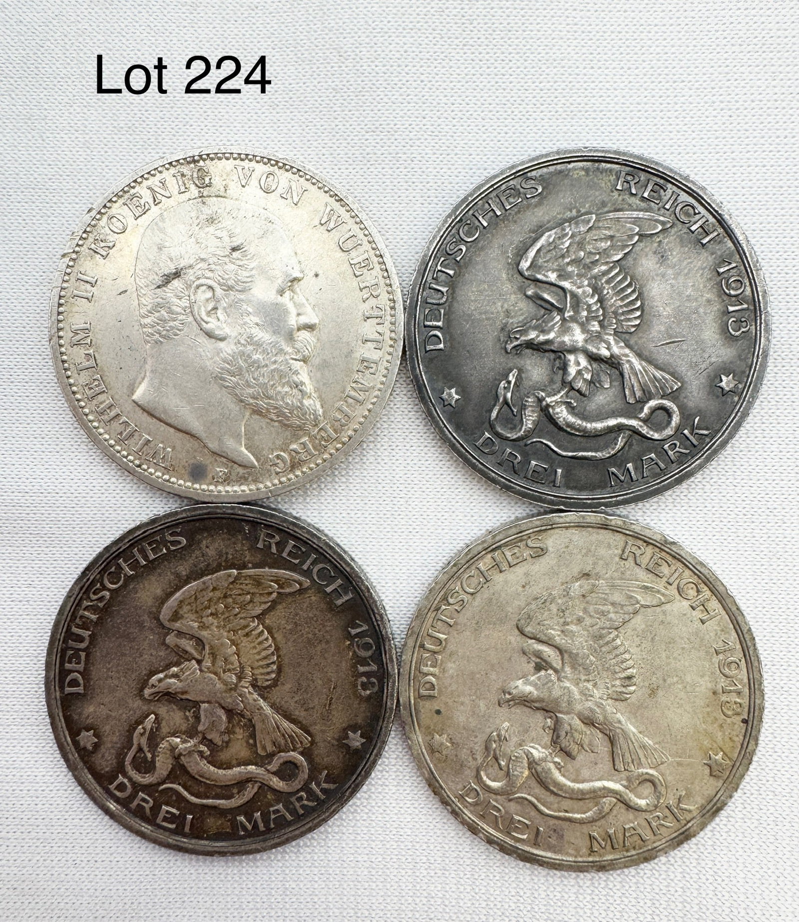 A Lot of 4 Drei (3) Marks Deutsches Reich Silver Coins: Four Drei (3) Marks coins, three 1913, 1912-F. 90 % silver.