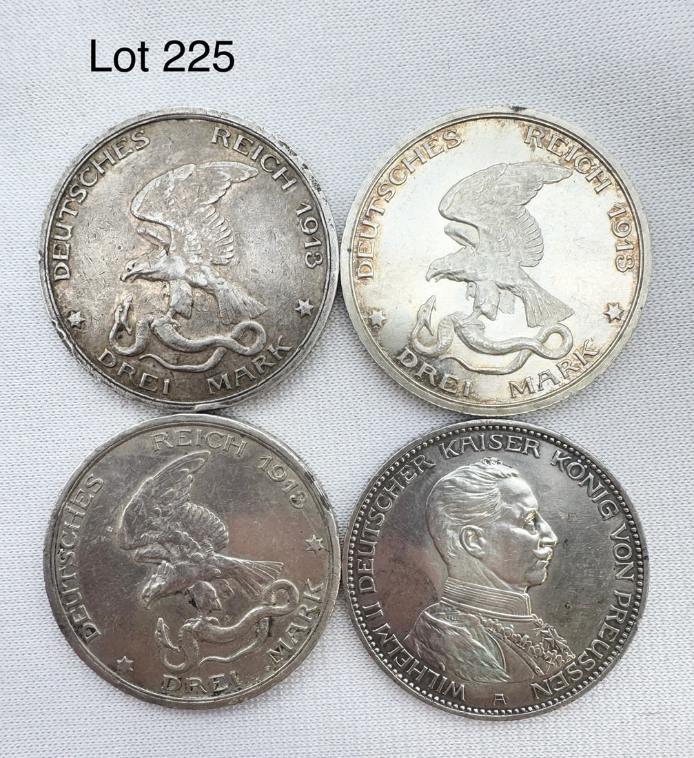 A Lot of 4 Drei (3) Marks Deutsches Reich Silver Coins: Four Drei (3) Marks coins, three 1913, 1914-A. 90 % silver.