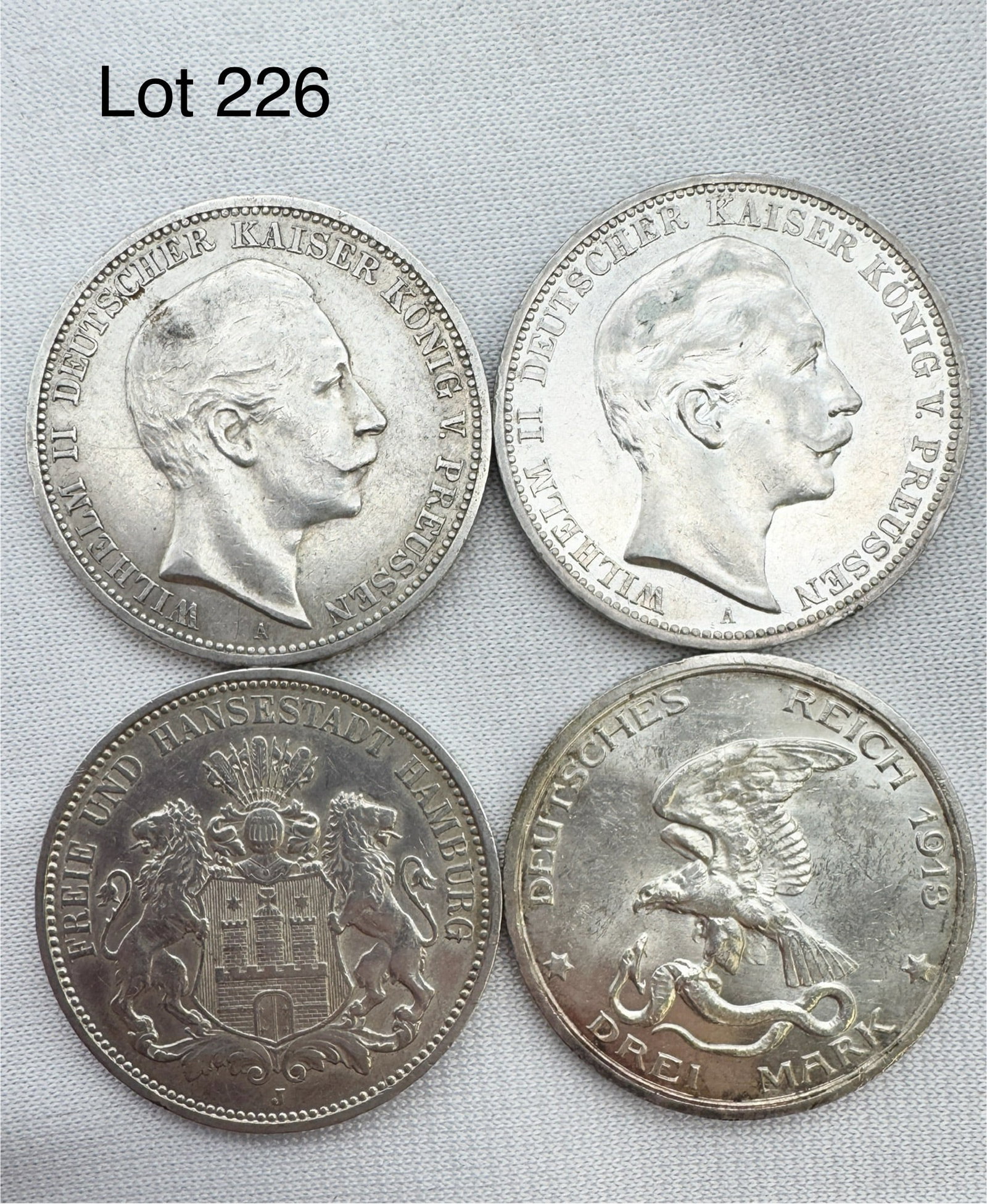A Lot of 4 Drei (3) Marks Deutsches Reich Silver Coins: Four Drei (3) Marks coins, 1908-A, 1909-J, 1909-A, 1913. 90 % silver.