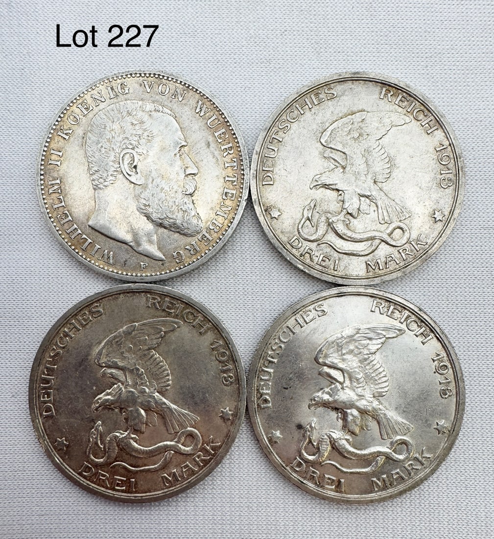 A Lot of 4 Drei (3) Marks Deutsches Reich Silver Coins: Four Drei (3) Marks coins, 1909-F, three 1913. 90 % silver.