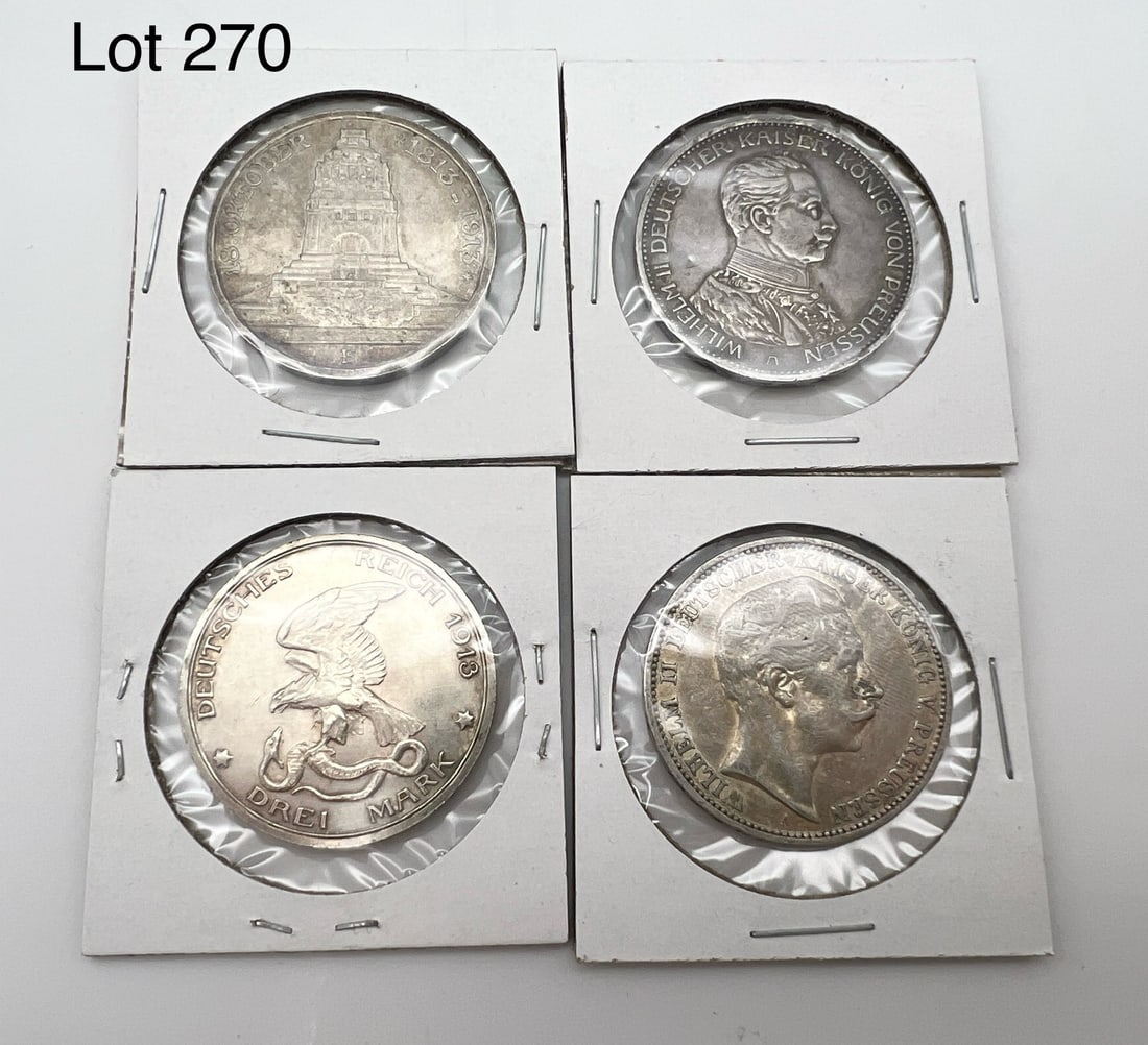 A Lot of 4 Drei (3) Marks Deutsches Reich Silver Coins: Four Drei (3) Mark silver coins, 1914-A, 1909-A, two 1913. 90 % silver.