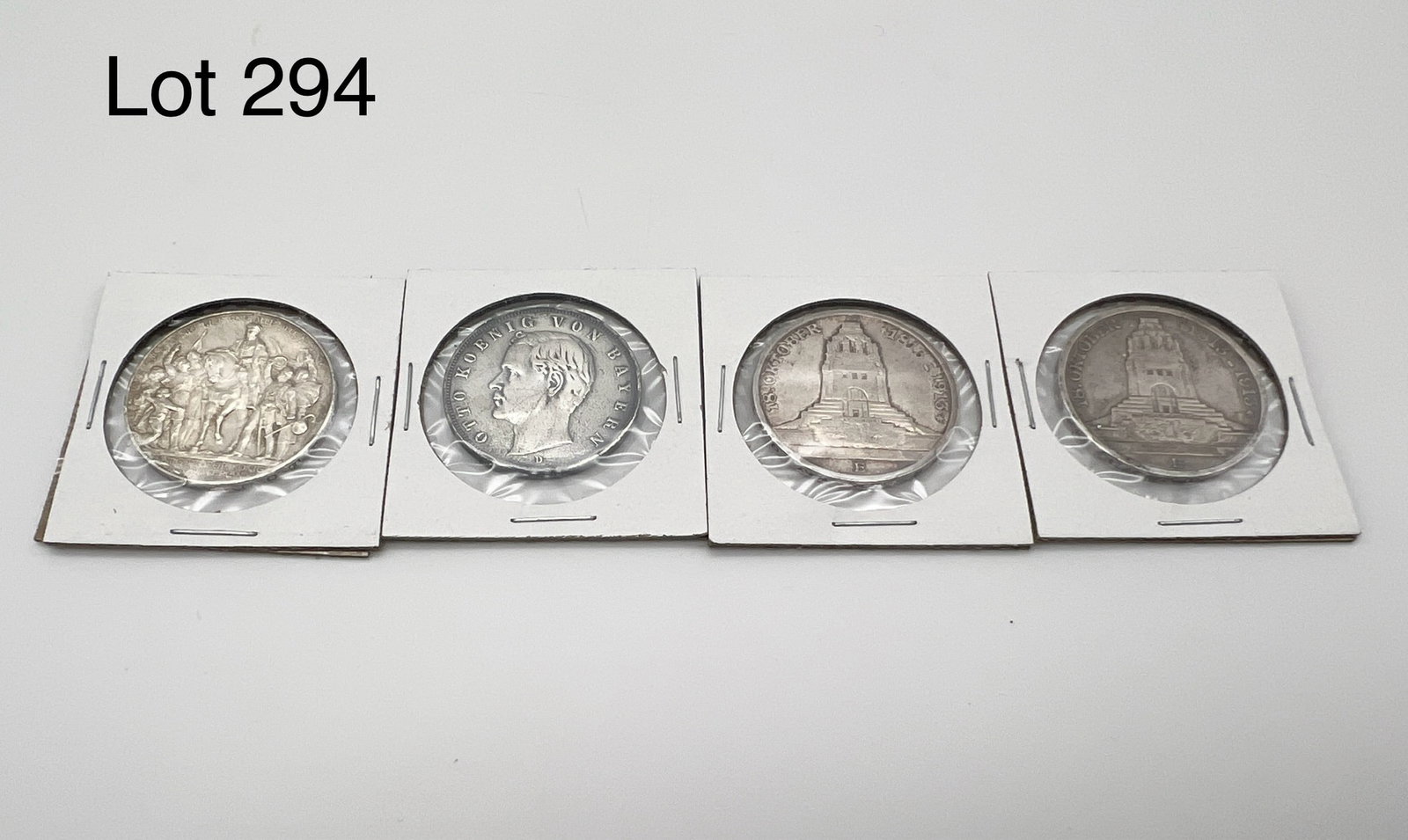 A Lot of 4 Drei (3) Marks Deutsches Reich Silver Coins: Four Drei (3) Marks silver coins, 1913-E, 1909-D, 1913-E, 1913. 90 % silver.