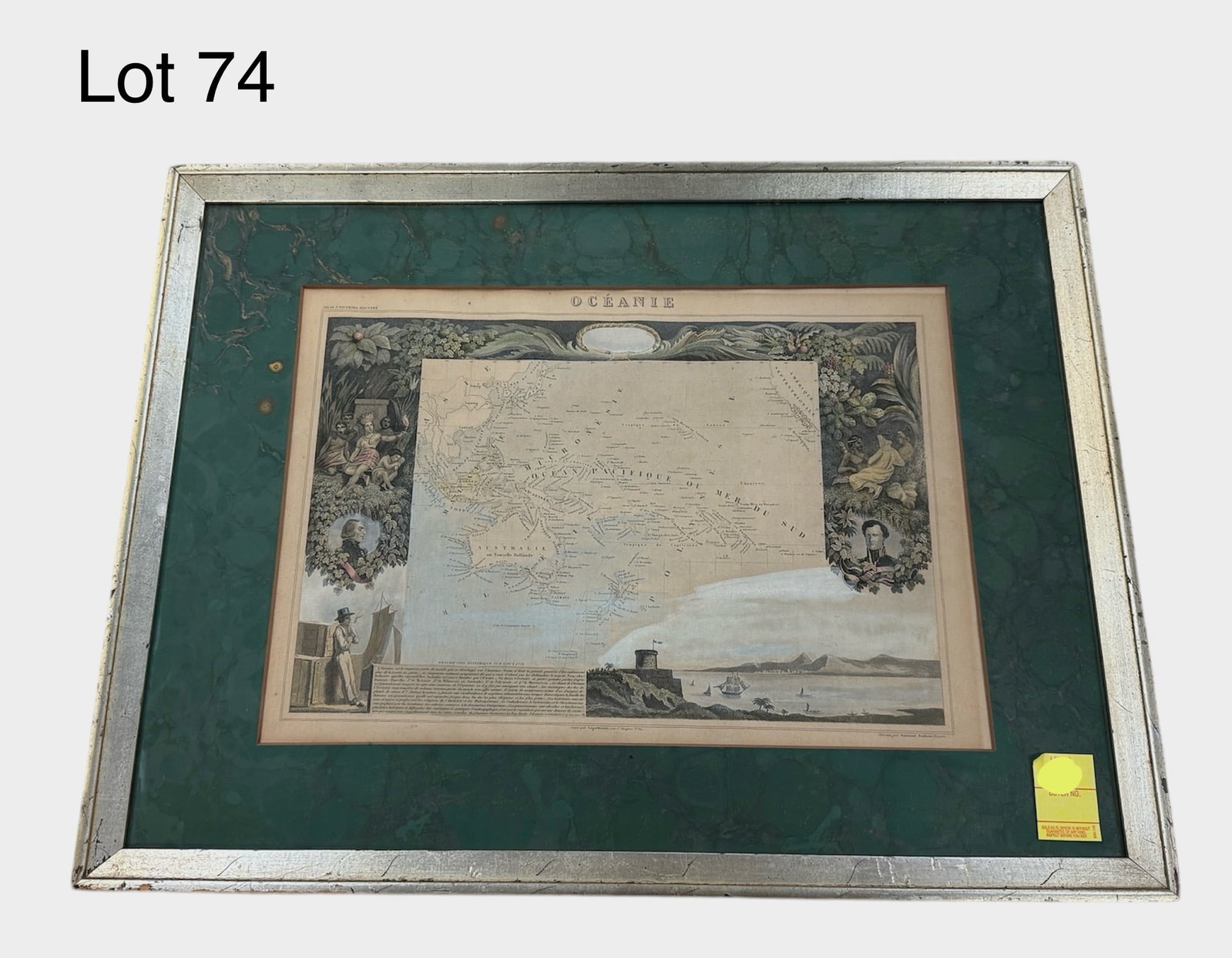 19th c. Raimond Bonheur (1796-1849) 'Oceanie' Map Engraving: A mid 19th c. map of Oceanie (Oceania), plate No. 82 in the Atlas Universal Illustre, engraved by French artist Raimond Bonheur (1796-1849). Bordered on all sides by colored scenes of figures and natu