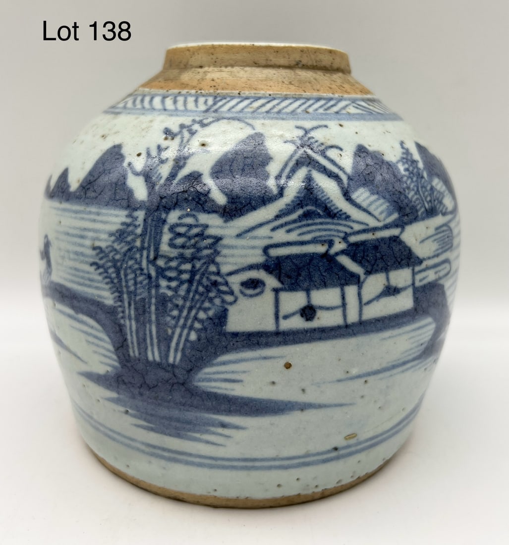 Antique Qing Dynasty Blue and White Ginger Jar: A 19th century Qing Dynasty blue and white ovoid ginger jar with water / shore scene. 6 1/2" tall. *notes- some pock marks