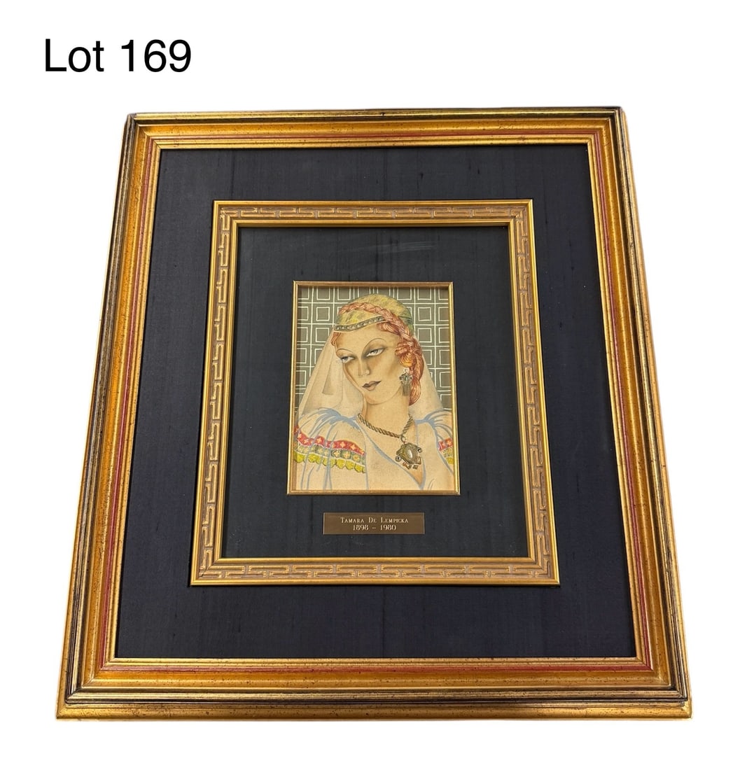 Portrait of a Woman in the Manner of Tamara De Lempicka (1898-1980): A vibrant colored collage of a woman in a white dress and veil done in the manner of Tamara De Lempicka (1898-1980). Comes in art deco gilt frame with label of the artist. Measures 17 1/2" x 19 1/2",