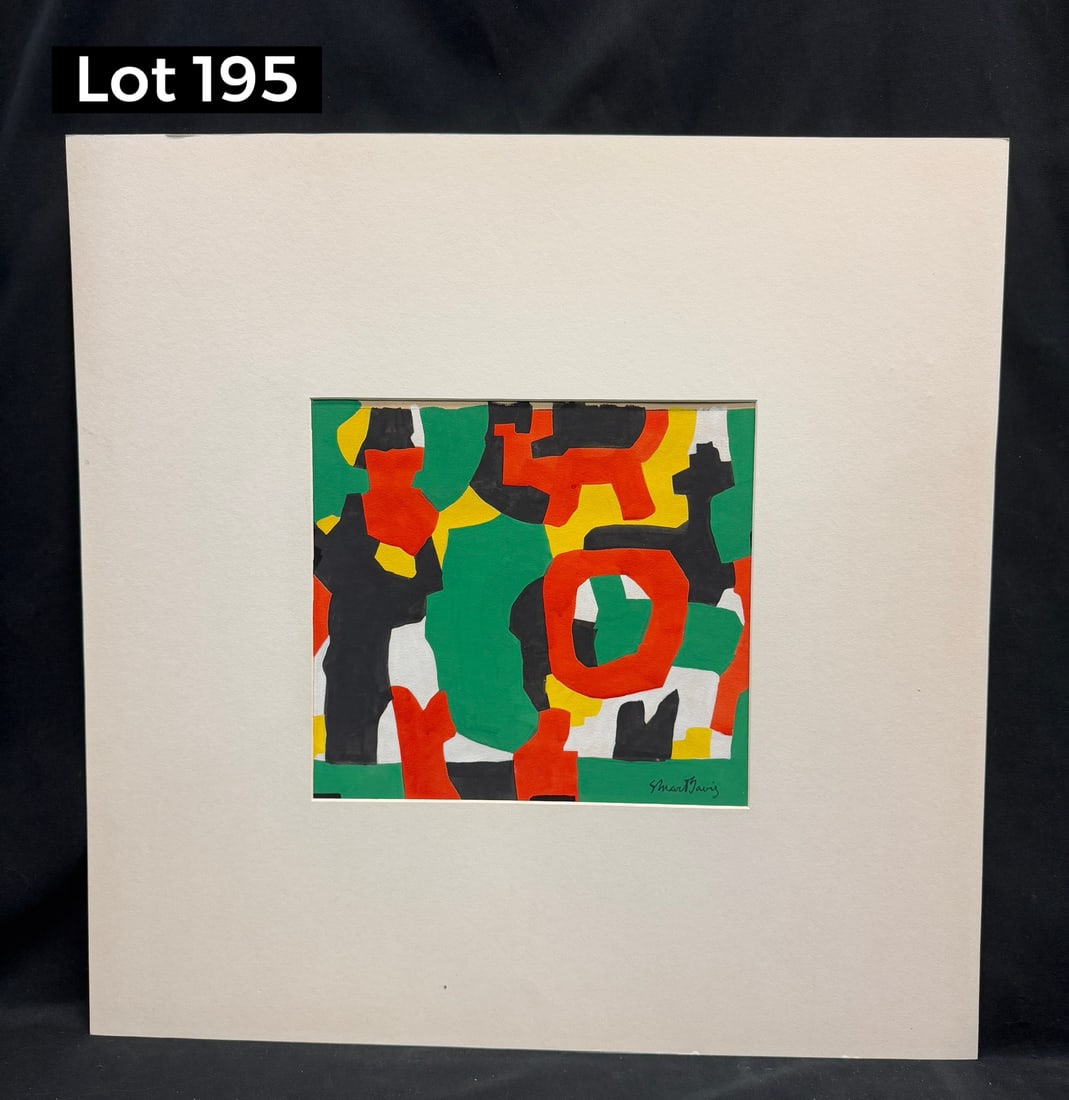 Stuart Davis (1892 - 1964), Gouache: A multicolored gouache by Stuart Davis (1915 - 1991). Considered the "Father of Cubism" in the U.S. Unframed, matted only. Piece measures 10 1/2" x 11 1/2" site, signed lower right.