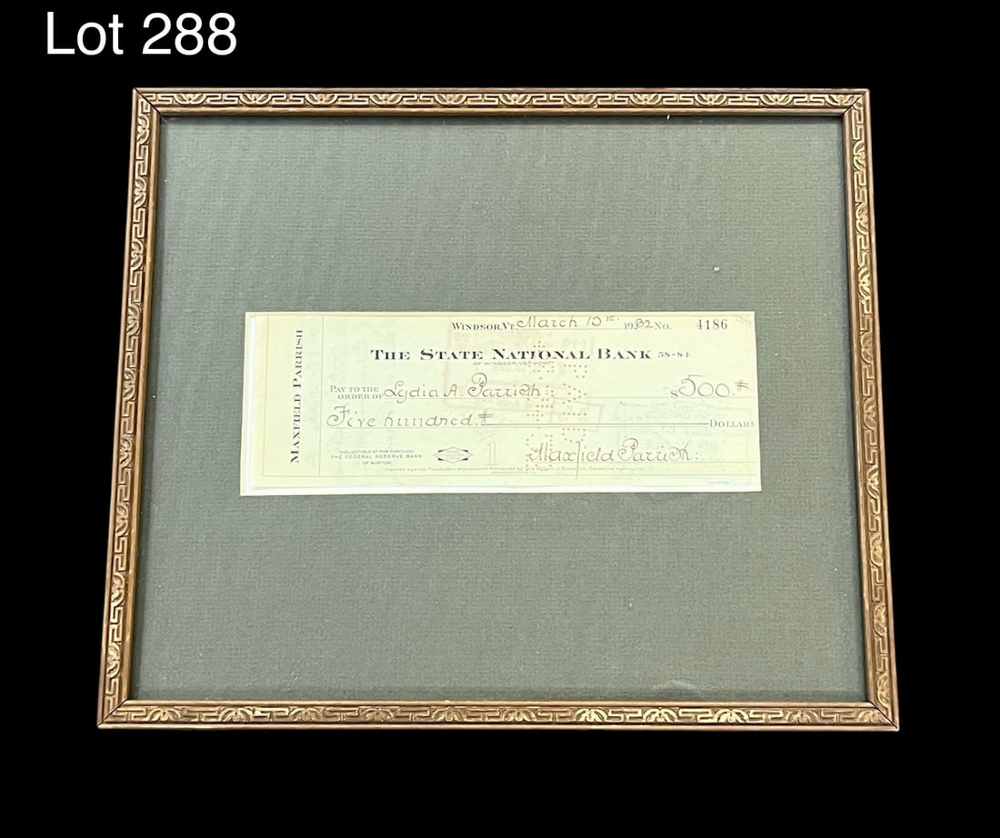 Check Signed by Artist Maxfield Parrish: A framed check signed by American artist, Maxfield Parrish (1870-1966). Dated March 15, 1932.