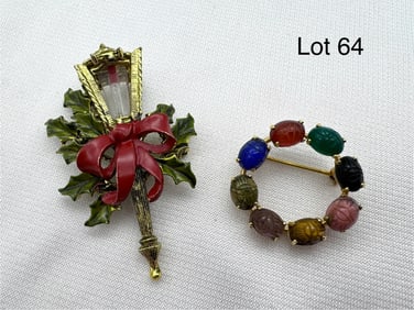 Hollycraft Lantern Brooch w/ Gold-Filled Scarab Wreath