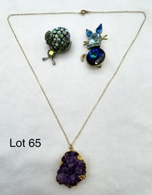 Two Vintage Signed Brooches with 12k Gold Filled Amethyst Necklace