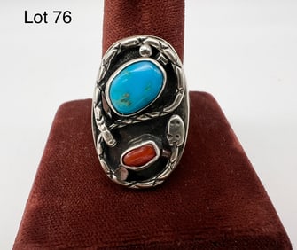 A Sterling Silver Turquoise and Coral Ring