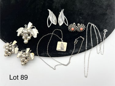 Vintage Sterling Silver Lot Featuring Grape Brooch and Earring Set