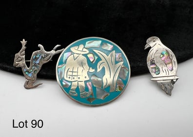 Trio of Signed Mexico Silver Brooches