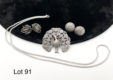 Sterling Silver Lot Featuring Peacock Brooch