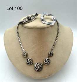 Sterling Silver Rhinestone Necklace with Two Brooches