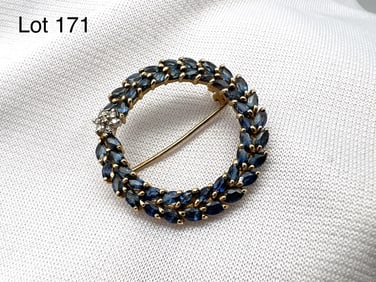 14K Gold Sapphire and Diamond Brooch
