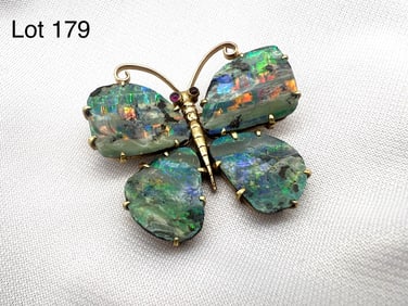 Vintage Custom Made Seaman Schepps (1881-1972) 14K Gold Fire Opal Butterfly Brooch