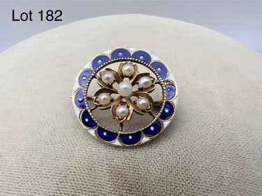 14K Gold Pearl and Enamel Round Pin