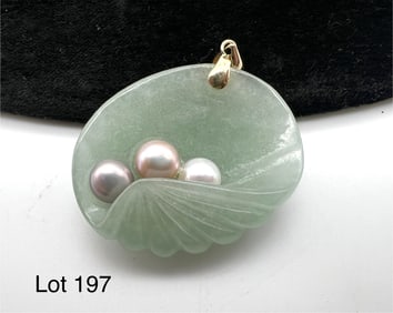 14K Gold Jade and Pearl Pendant