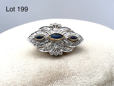 Signed Romanza 14K Gold Sapphire and Diamond Pin