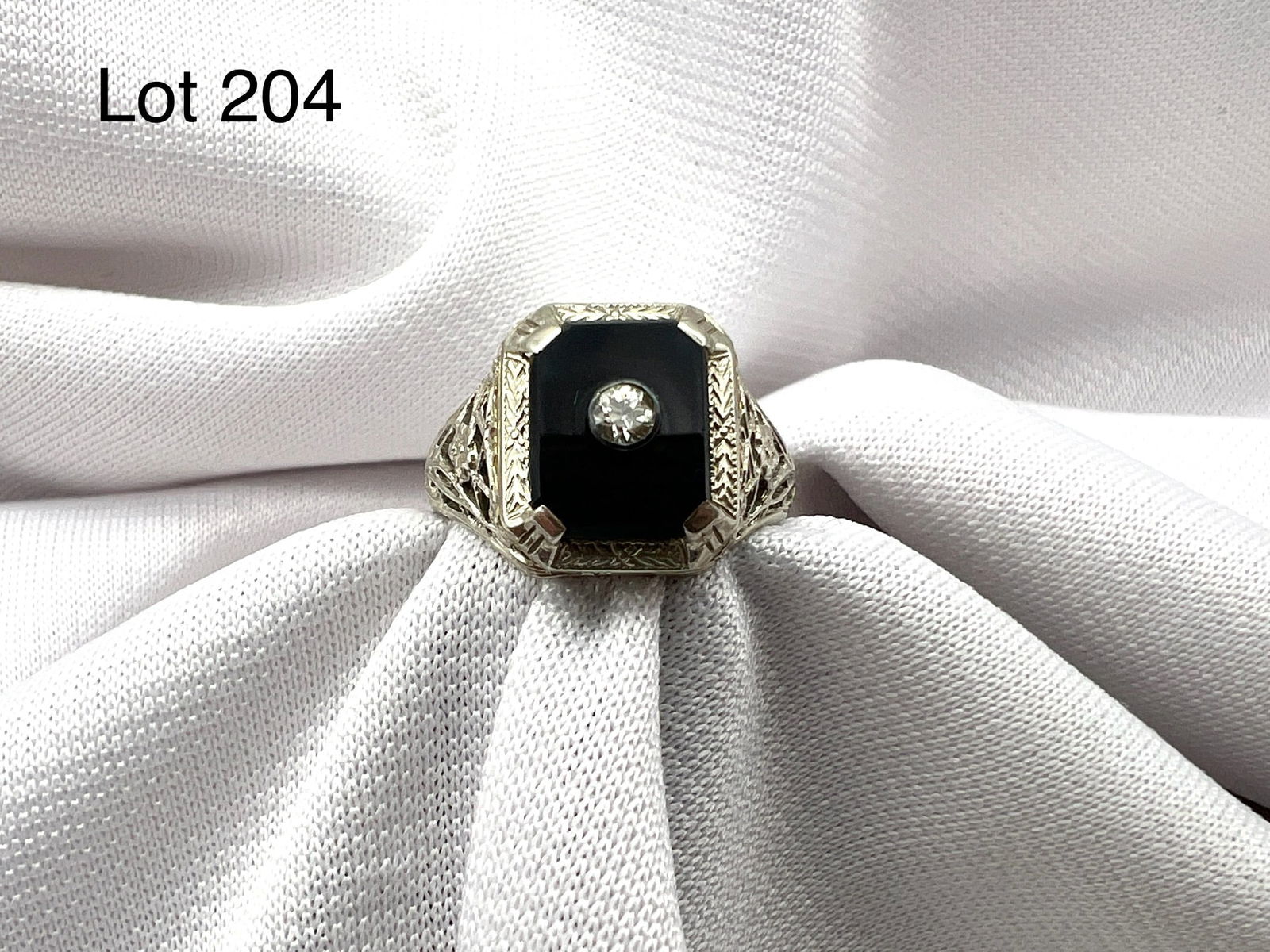 Antique Art Deco 14k White & Rose Gold Black Onyx Etched