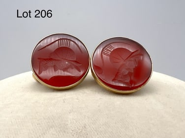 14K Gold Carved Intaglio Carnelian Earrings