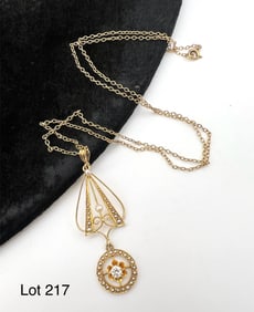 Art Deco 14K Gold Diamond and Pearl Pendant Necklace
