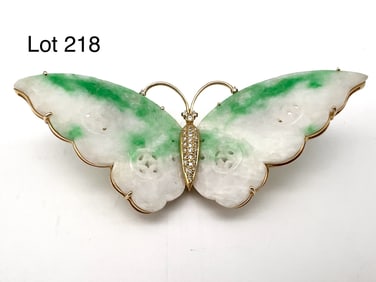 14K Gold Jade and Diamond Butterfly Brooch