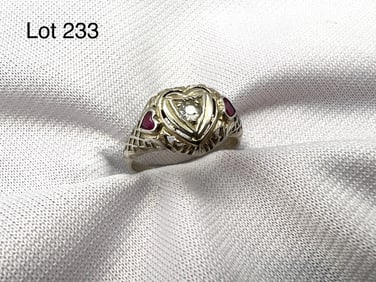 Art Deco 18K Gold Diamond and Ruby Heart Ring
