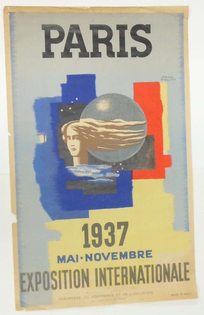 Vintage Paul Colin Paris Expo 1930's Travel Poster: 39 1/4" x 24 1/2”. Paul Colin (French, 1892-1985), 193o's Paris Exposition Internationale vintage travel poster; imp Jules Simon S.A. Paris. Signed in the print. Good Condition with creasing, wrinkl