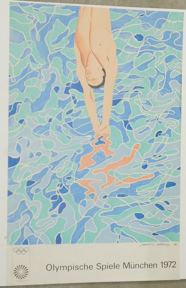David Hockney 1972 Olympic Art Poster Munich: 39 3/4” X 25 1/4”. 1972 David Hockney Art Poster. For the 1972 Olympic Games in Munich. Is in Great Condition with some light creasing, small tears/rips to the edges, and light discolorations. (Se