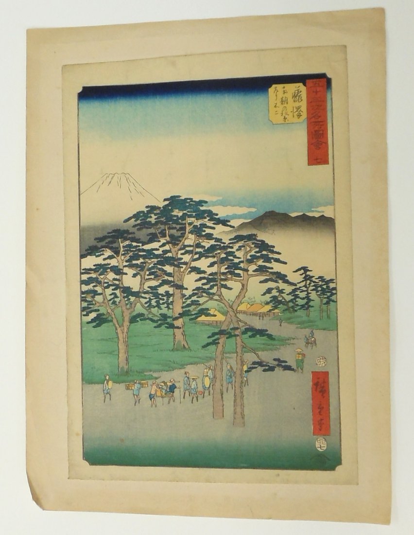 Ando Hiroshige Japanese Woodblock Print #2: 9" X 13 1/2" woodblock print by Ando Hiroshige (1797–1858), print is mounted paper stock, in good condition with some browning, stains and scuffs.