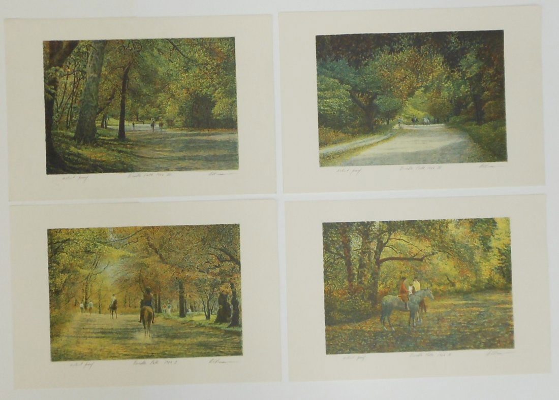 Harold Altman Colored Lithos Listed Artist S/N: Lot of 4. All are 13 1/4” X 9 1/2” on sheets that measure 18 1/2” X 12 1/2”. Harold Altman (1924-2003). “Bridle Path 1-4”. All are Artist Proofs. All are in Great Condition.