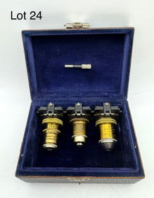 Three Vintage Microscope Objective Lenses In Custom Leather Case