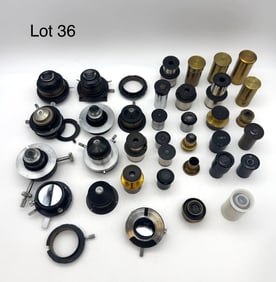 Box of Vintage Microscope Condensers Eyepieces and Objective Lenses