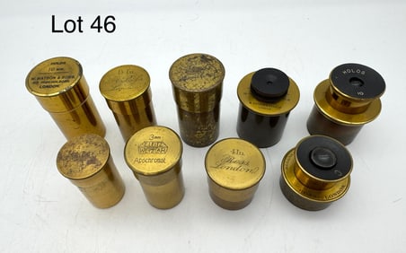Collection of Antique Objective Lenses in Brass Canisters and Assorted Eyepieces