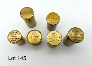 Grouping of Antique Microscope Objective Lenses In Brass Canisters